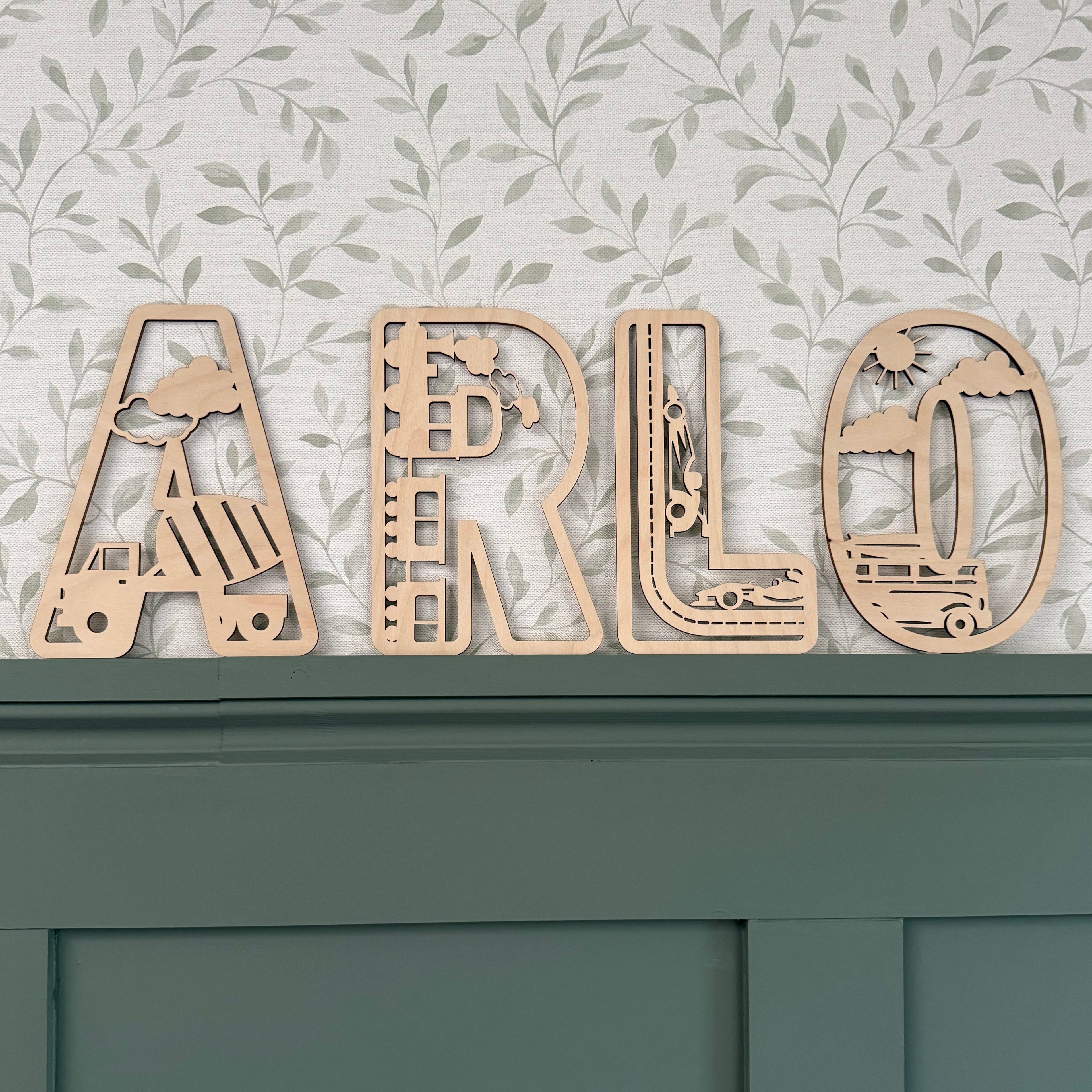 Vehicle themed letters, wooden name sign