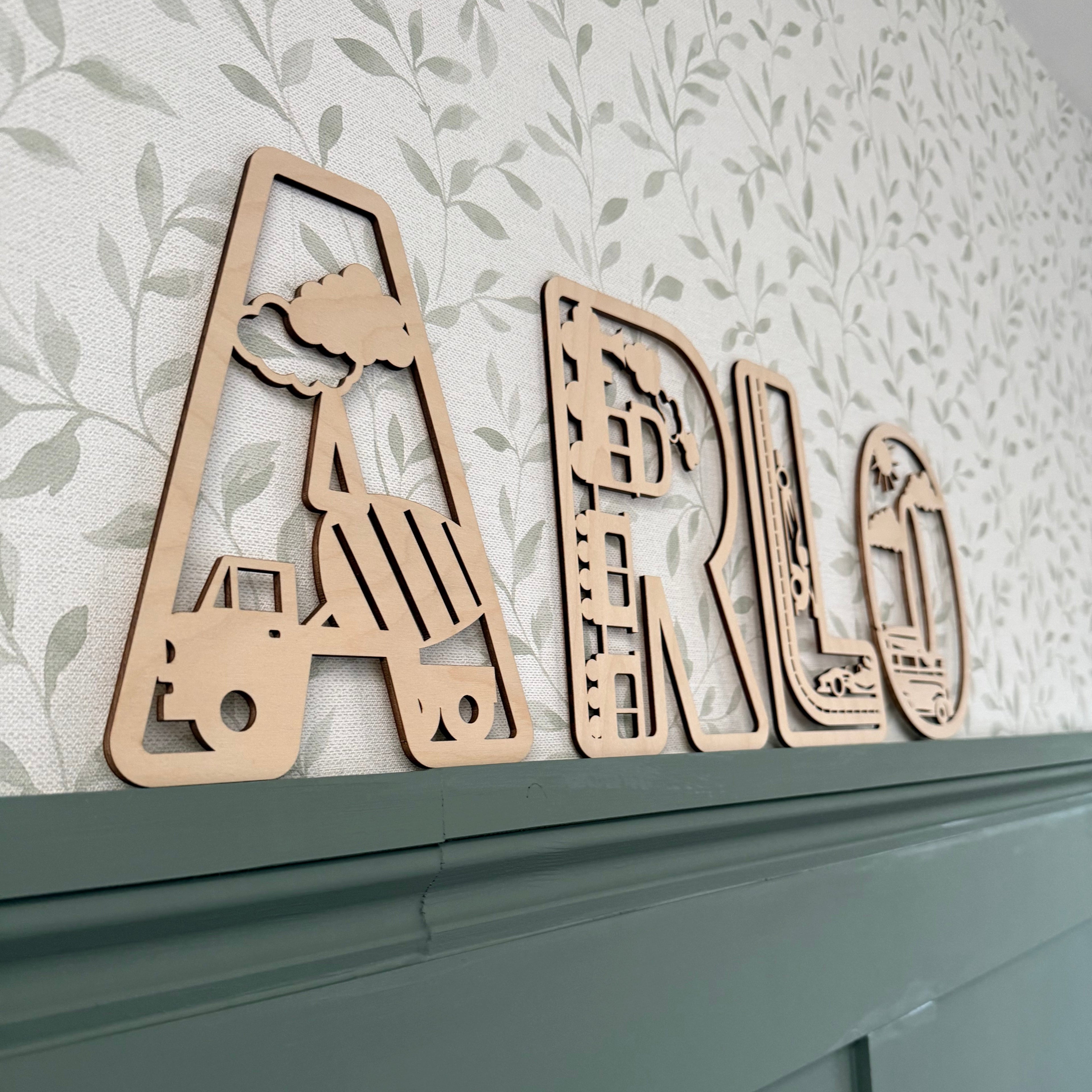 Vehicle themed letters, wooden name sign