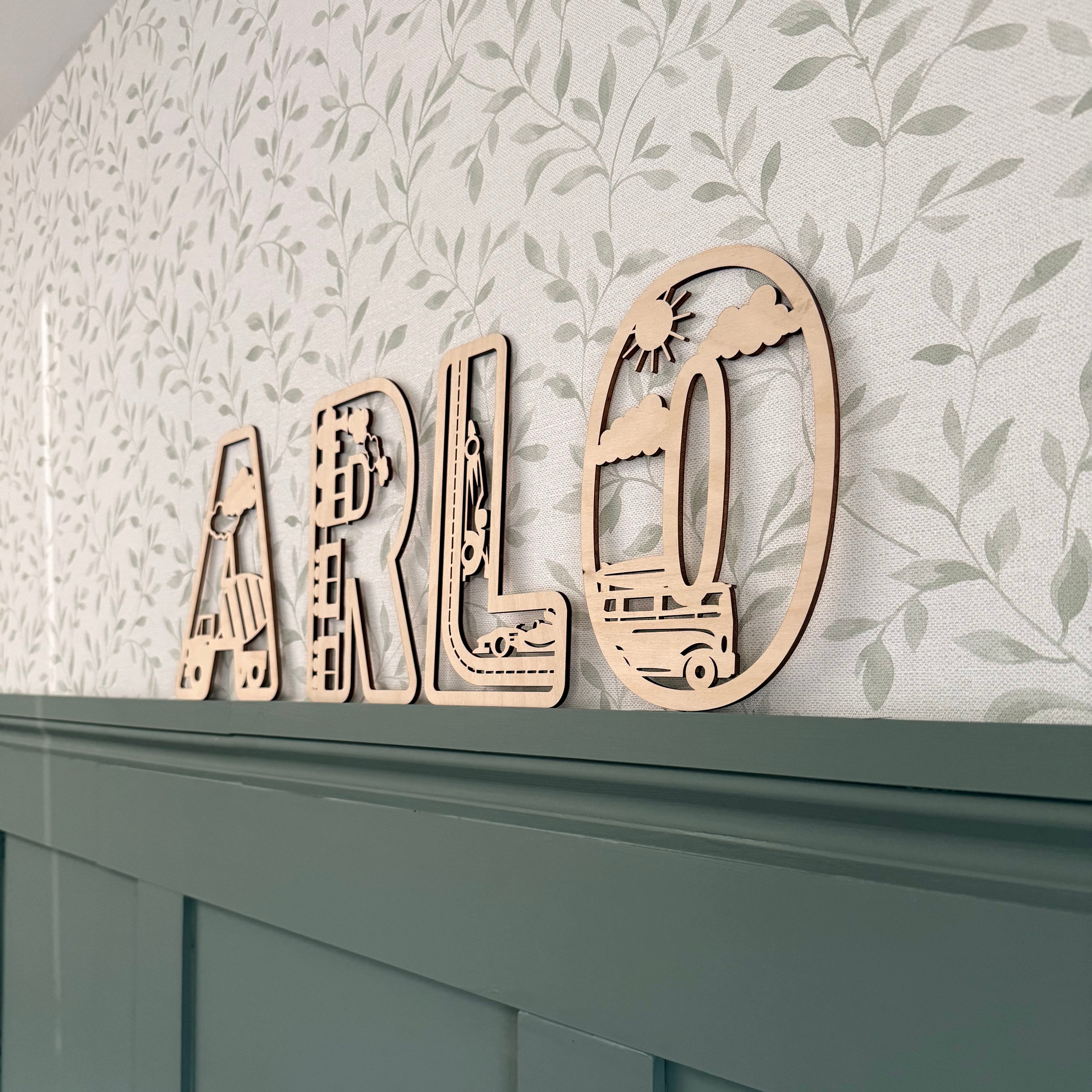 Vehicle themed letters, wooden name sign