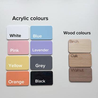 Color swatches for acrylic and wood finishes on a white background